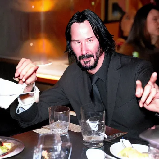 Image similar to Keanu Reeves having a dinner at the moon