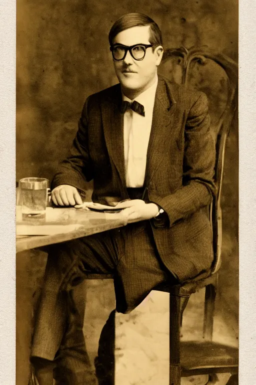 Prompt: lemon, wearing a suit and glasses, vintage photograph, sepia