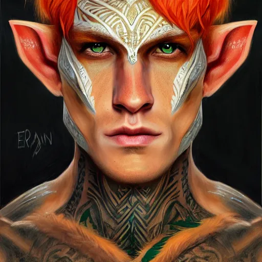 Image similar to portrait painting of a very young elven man with short light orange hair and tribal tattoos on his face wearing fur armor, sharp focus, award - winning, trending on artstation, masterpiece, highly detailed, intricate. art by james ryman