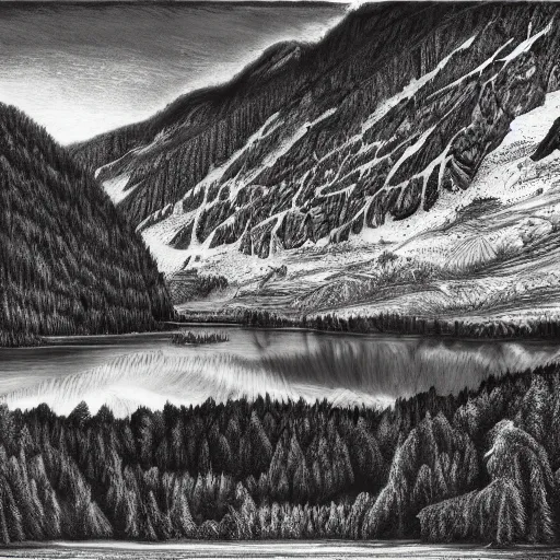 Image similar to lago di sorapis, hyper - realistic black and white drawing, hyper detailed, extreme long shot, in the style of den yakovelv