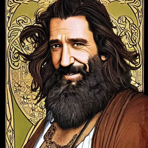 Prompt: art nouveau portrait of clive owen as a dwarven barbarian with full luscious groomed beard, long flowing dark hair, a cheeky smile, gold filigree, mucha