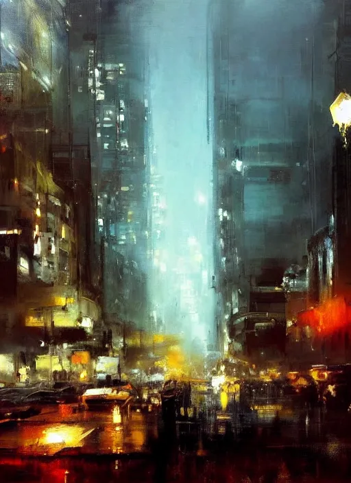 Image similar to a beautiful painting by jeremy mann of a city by night, warm colors