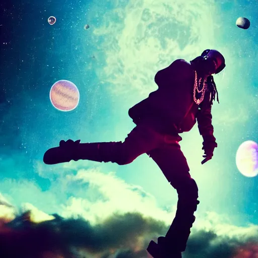 Image similar to Travis scott flying through space