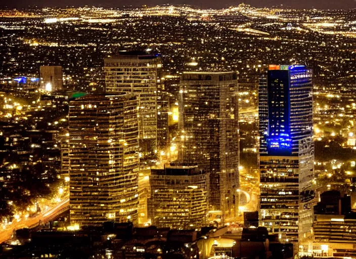 Image similar to a sprawling building complex in los angeles at night. photo by james cameron