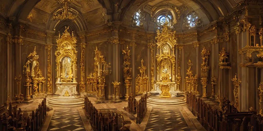 Prompt: a beautiful rococo chapel with a carved marble and gold statue of an angel with wings spread looking down over the congregation, hyperrealism, photorealistic, ethereal, cinematic, dramatic lighting, 8 k, by craig mullins and jeremy mann