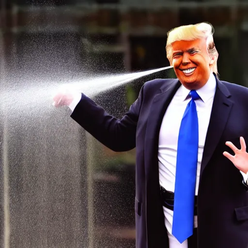 Prompt: donald j. trump spraying chocolate from his hands, chocolate spray landing on liberals