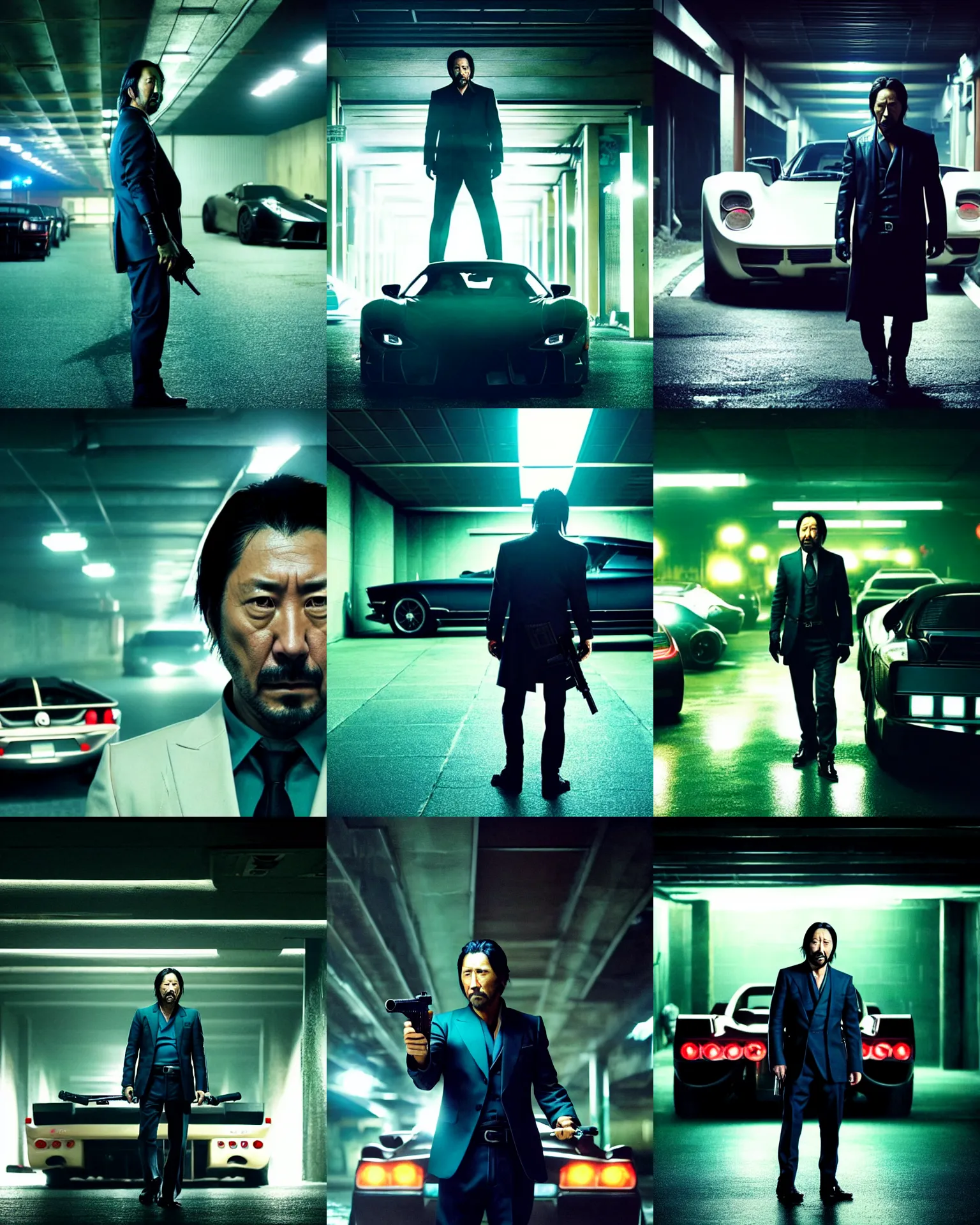 Prompt: denis villeneuve movie still of hiroyuki sanada as yakuza by greg rutkowski in an underground parking lot, holding a gun, many exotic cars, rack focus, close establishing shot, monochromatic teal, dark teal lighting, soft dramatic lighting, 4 k digital camera