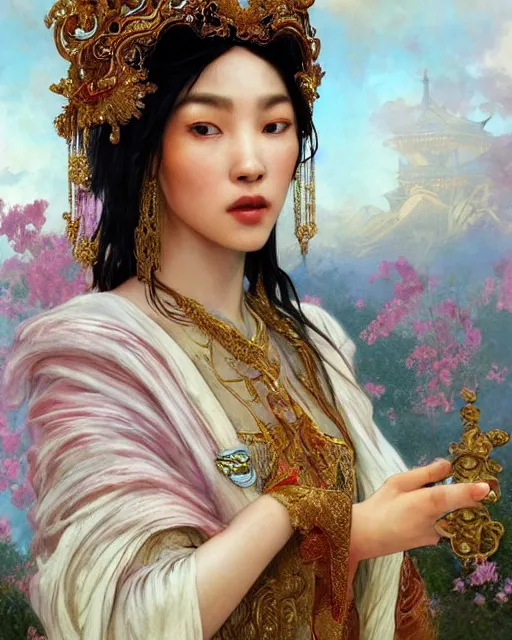 Image similar to a beautiful intricate exquisite imaginative exciting northern close up portrait of an asian sorceress sitting with elegant looks, flowing robe, ornate and flowing, intricate and soft by ruan jia, tom bagshaw, alphonse mucha, krenz cushart, beautiful chinese architectural ruins in the background, epic sky, vray render, artstation, deviantart, pinterest, 5 0 0 px models