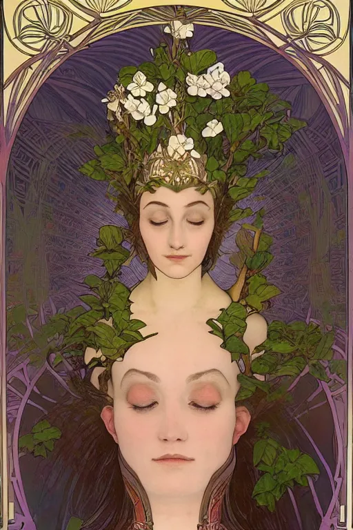 Image similar to a goddess of magnolia a queen of the garden, meditating! with a beautiful symmetrical face!!! cinematic lightning, isolated, studio lighting by alphonse mucha and tom bagshaw