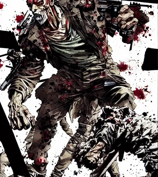 Prompt: a zombified soldier shambles through the city streets looking for brains to eat, comic book art, by yoji shinkawa and takehiko inoue and kim jung gi, masterpiece, perfect