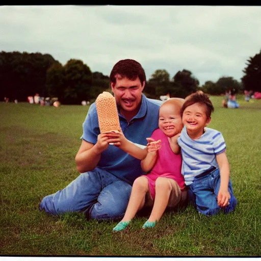 Prompt: happy family enjoying ice cream, clandestine, film grain, specular highlights, 3 5 mm lens, government archive photograph