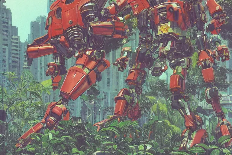 Image similar to gigantic man head, a lot of exotic vegetation around, trees, tremendous mecha robot, flowers, risograph!, oldschool vintage sci - fi flat surreal design, super - detailed, painting by moebius and satoshi kon and jodorowski and katsuhiro otomo