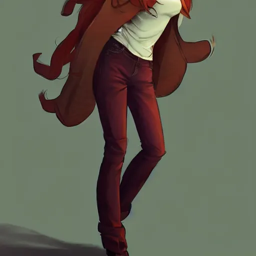 Prompt: full-body shot of an attractive tomboy girl with long, crimson red hair and red eyes, wearing a brown, open jacket and green jeans with a stern look, midriff, concept art, character design, by WLOP, by Tomine, by Kon, Satoshi, by Leyendecker