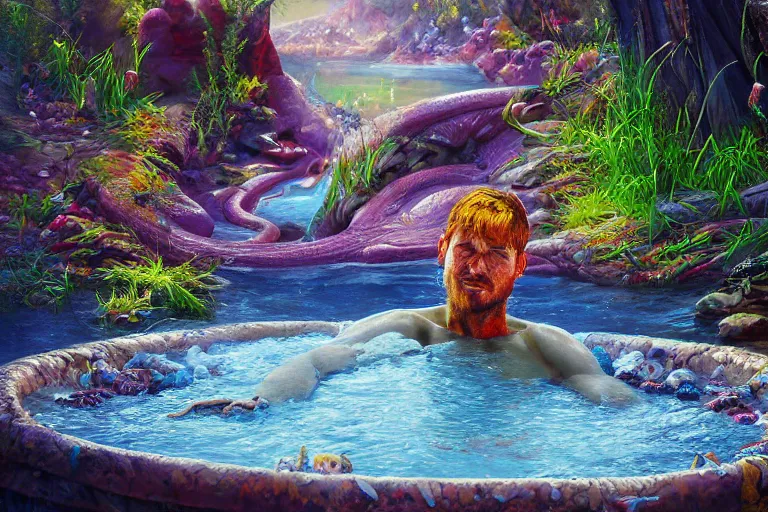 Image similar to highly detailed oil painting of a lizard man sitting in a steaming colorful hotspring stream, featured on artstation