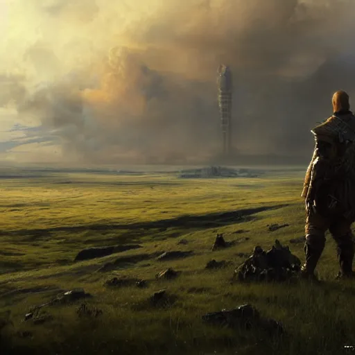 Prompt: titan in the distance towering over the plains, volumetric lighting, 8 k octane beautifully detailed render, post - processing, extremely hyper - detailed, intricate, epic composition, cinematic lighting, masterpiece, trending on artstation, masterpiece, stunning art by anders zorn, wonderful masterpiece by greg rutkowski, beautiful cinematic