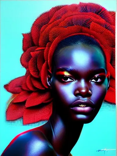 Image similar to a portrait of duckie thot with a floral background by karol bak, artgerm, moebius, yoji shinkawa : : portrait, illustration, photorealism, hyperrealism