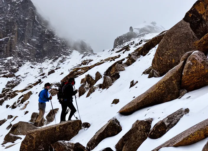 Prompt: two men hiking up a massive stoney mountain in the midst of a white our blizzard, windy, snow, breathtaking views