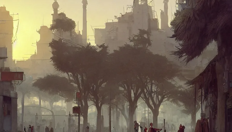 Prompt: jeddah city street, roshan, shops, a bright pharmacy, a nomad wearing a worn out coat, plants, tree, dramatic lighting, sci fi, by caspar david friedrich by james gilleard and justin gerard, centered, artstation, smooth, sharp focus, by jean baptiste monge, gustave dore