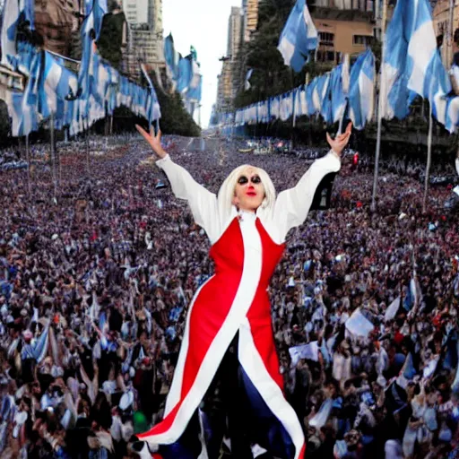 Image similar to Lady Gaga as Evita, Argentina presidential rally, Argentine flags behind, bokeh, epic photo, detailed face, Argentina