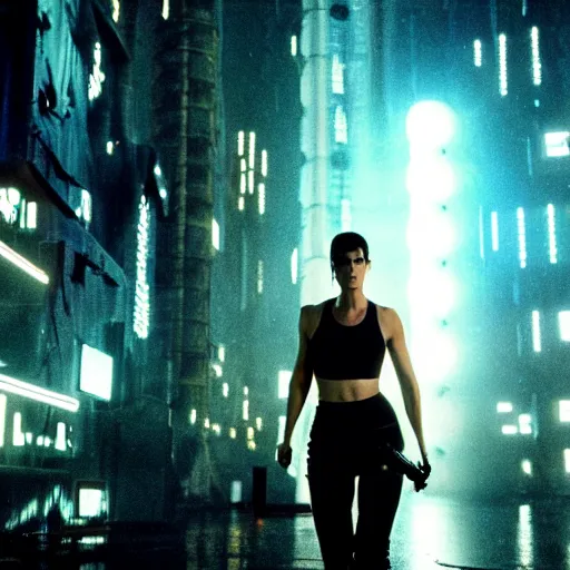 Image similar to jennifer connelly starring in a cyberpunk movie in a distopic futuristic city in the style of bladerunner, wearing a cropped black tank top, black shorts and black boots, firing a gun, muzzle flash, movie still, highly detailed, rainy night, volumetric lights, dramatic, scifi, sharp focus