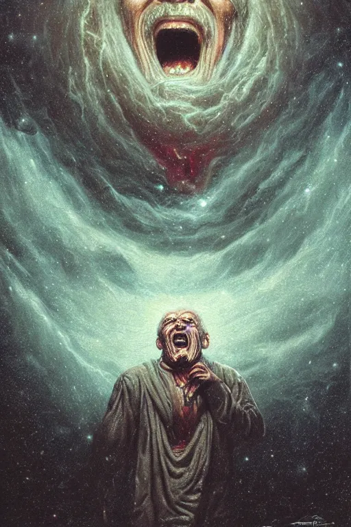 Prompt: an old man screams and a tornado comes out of his mouth by artgem and les edwards, gustave dore, highly detailed, high contrast, light reflection, trippy, nebula, trending on artstation