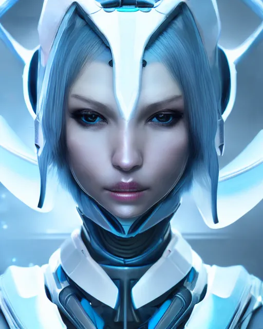 Image similar to perfect android girl on a mothership, warframe armor, beautiful face, scifi, futuristic, galaxy, nebula, raytracing, dreamy, long white hair, blue cyborg eyes, sharp focus, cinematic lighting, highly detailed, artstation, divine, by gauthier leblanc, kazuya takahashi, huifeng huang