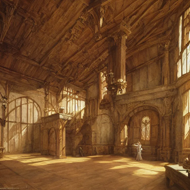Prompt: a detailed painting of a medieval hall with wooden walls, there is a big marble statue in the middle of the hall, staircase to the second floor. fantasy poster. lord of the rings style. cinematic fantasy scene. fantasy. carl spitzweg. renaissance elements. renaissance element. oil painting. award winning. trending on artstation. 8 k