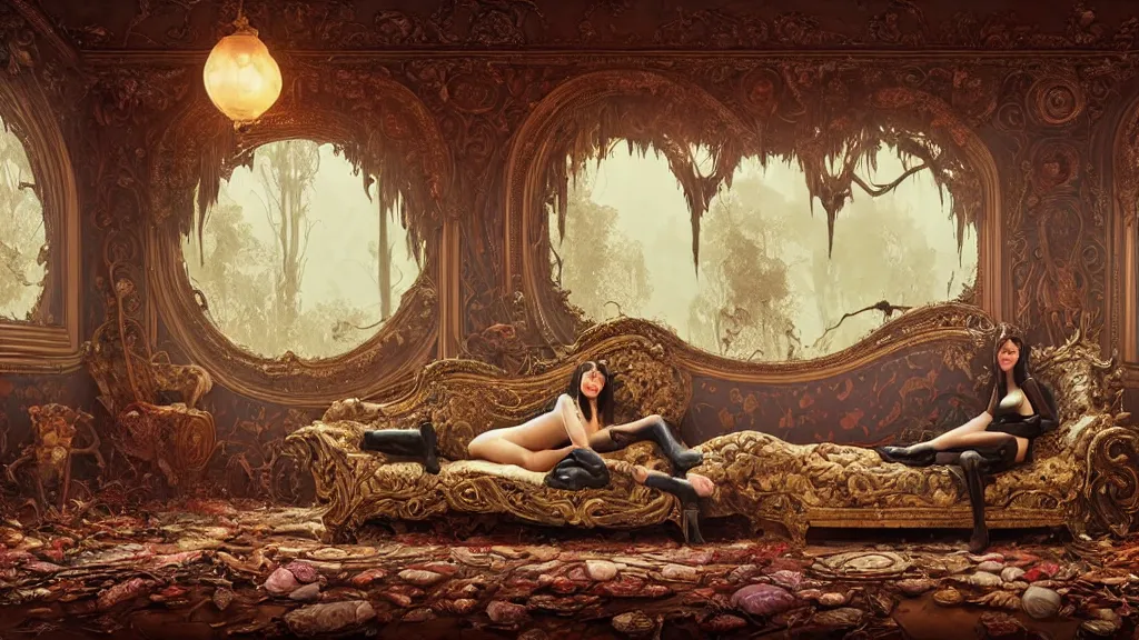 Prompt: a beautiful woman sitting on an ornate victorian couch made out of decomposing animals, intricate, detailed, volumetric lighting, sharp focus, photorealism, digital painting, highly detailed, concept art, by roger dean and simon stalenhag and mark brooks