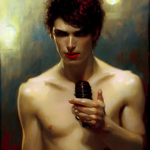 Image similar to attractive twenty first century male vampire beautiful eyes. highly detailed painting by gaston bussiere, craig mullins, j. c. leyendecker 8 k