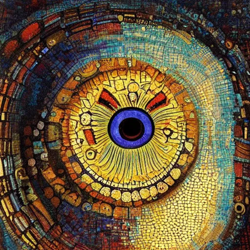 Image similar to A beautiful painting a large eye that is looking directly at the viewer. The eye is composed of a myriad of colors and patterns, and it is surrounded by smaller eyes. The smaller eyes appear to be in a state of hypnosis, and they are looking in different directions. DayGlo blue, roman mosaic by John Bauer, by Bastien Lecouffe-Deharme artificial