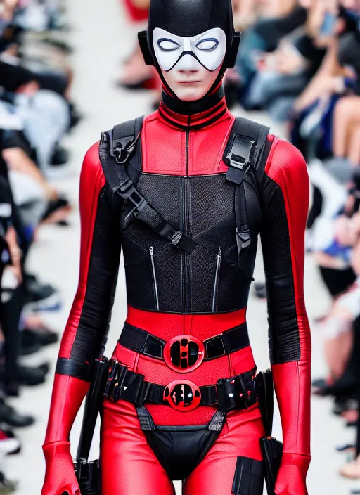 Image similar to hyperrealistic and heavy detailed balenciaga runway show of deadpool, leica sl 2 5 0 mm, vivid color, high quality, high textured, real life