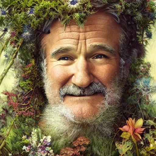 Prompt: an ultradetailed portrait of robin williams dressed as a druid, casting nature magic, old growth forest, d & d, fantasy, intricate, elegant, highly detailed, digital painting, matte, sharp focus, illustration, god rays, art by john collier and albert aublet and krenz cushart and artem demura and alphonse mucha