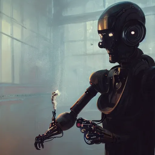 Prompt: an attractive robot smoking by greg rutkowski, sung choi, mitchell mohrhauser, maciej kuciara, johnson ting, maxim verehin, peter konig, 8 k photorealistic, cinematic lighting, hd, high details, dramatic, dark atmosphere, trending on artstation