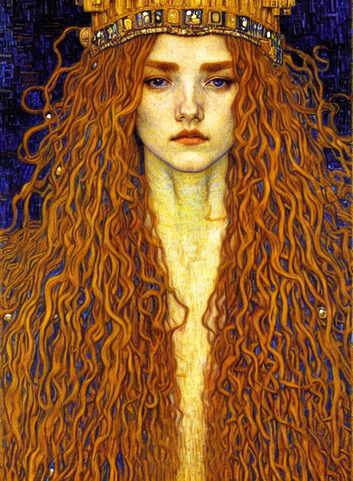 Image similar to detailed realistic beautiful young medieval queen face portrait by jean delville, gustav klimt and vincent van gogh, art nouveau, symbolist, visionary, gothic, pre - raphaelite, muted earthy colors, desaturated