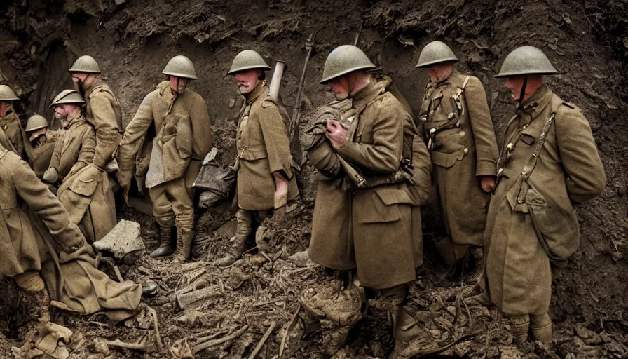 Prompt: World War 1 soldier ghosts in abandoned trenches, cinematic lighting, IMAX cinematography