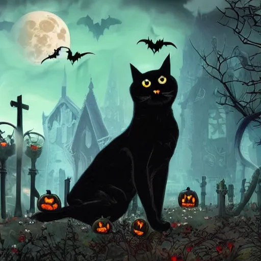 Image similar to an ultra detailed animation of a black cat with bats in a graveyard at midnight on halloween tattoo, digital art, dark fantasy, concept art, soulslike, by alphonse mucha, blood moon eclipse, ruined building in the background, artstation, 8 k, unreal engine render