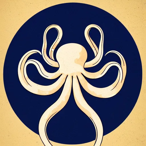 Image similar to octopus symmetric logo painting by tim biskup and afshar petros, matte background, sharp contours, minimal, trending on artstation