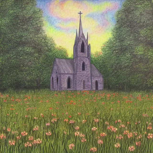 Prompt: abandoned gothic church in a forest flower meadow with a pond landscape, colored pencil drawing