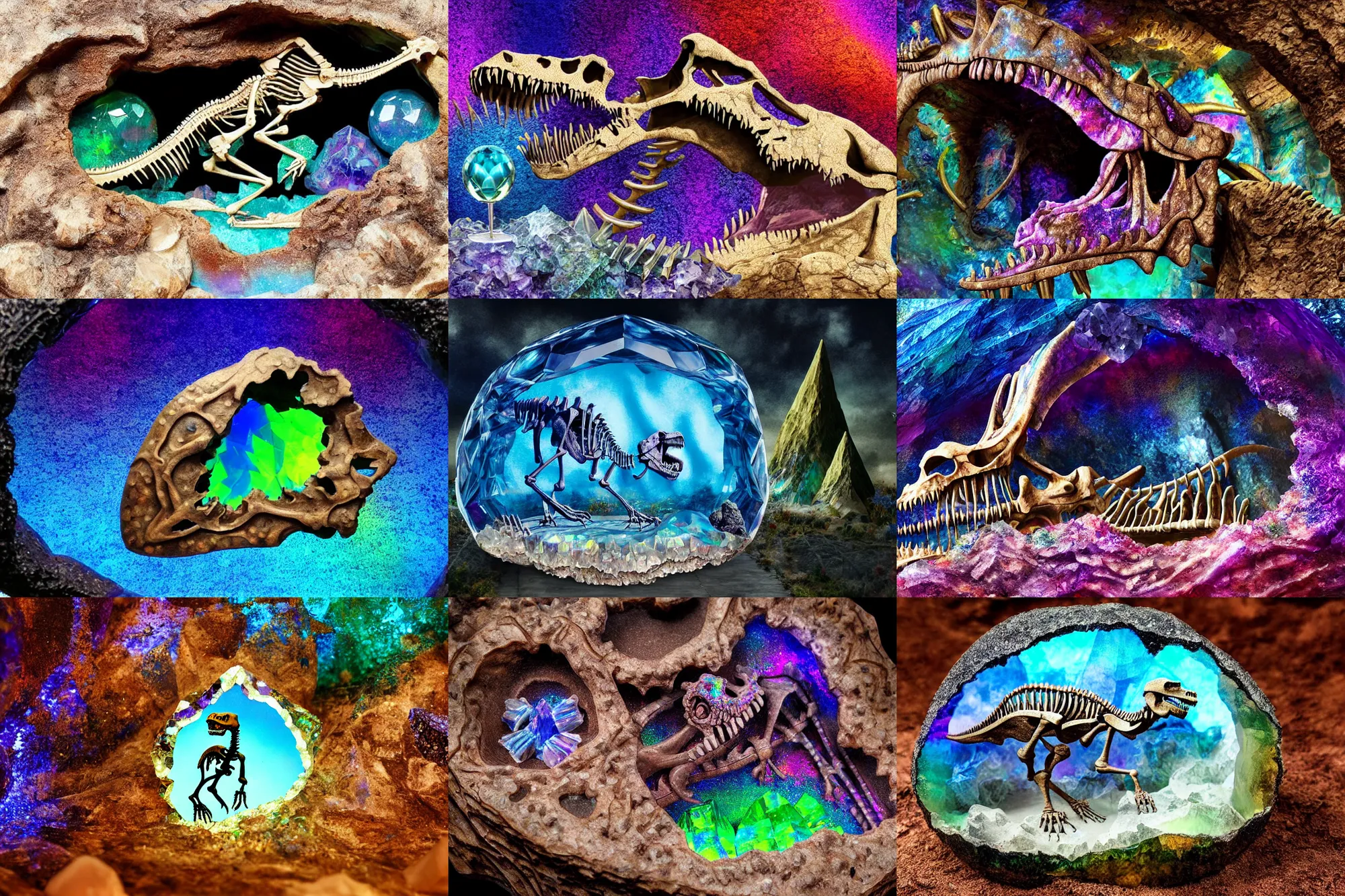 Prompt: dinosaur skeleton inlaid in a crystal geode ((inlaid in a crystal geode))(((in a crystal geode))), iridescent colors, ((iridescent colors)), matte-painting
