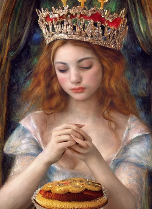 Image similar to closeup medieval renoir face portrait of a fairytale princess wearing a crown eating cakes in the castle, bikini, depth of field, zeiss lens, detailed and intricate environment, fashion photoshoot by nicoletta ceccoli, mark ryden, lostfish, breathtaking, 8 k resolution, extremely detailed, beautiful, establishing shot, artistic, hyperrealistic, octane render