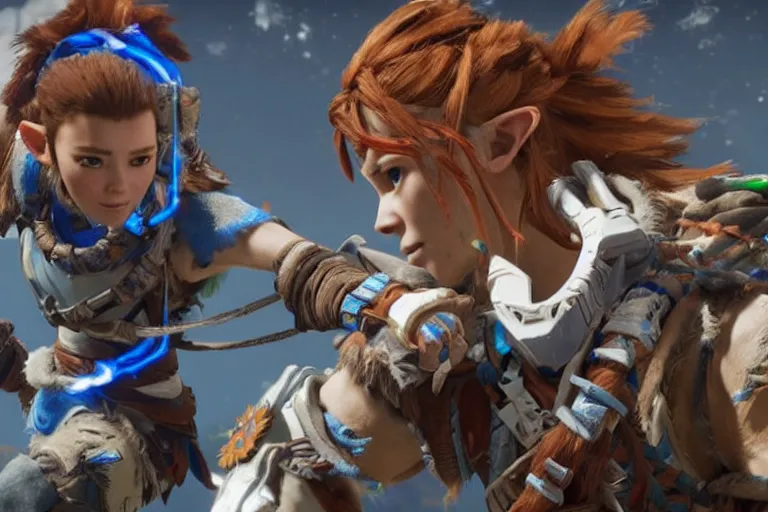 Image similar to aloy from the horizon zero dawn videogame playing the guitar with link from the legend of zelda videogame in the international space station