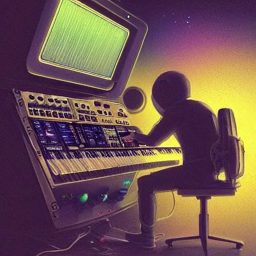 Image similar to an astronaut, using a synthesizer in a music studio, [ floating ]!!, synthwave art style, illustrated by greg rutkowski and ashley mckenzie, trending on cgsociety, golden ratio!!!, centered!!!, intricate