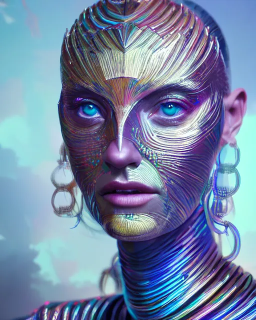 Prompt: highly detailed surreal vfx portrait of a metallic chromatic geometric tribal woman, behance, stephen bliss, unreal engine, greg rutkowski, loish, rhads, beeple, makoto shinkai and lois van baarle, ilya kuvshinov, rossdraws, tom bagshaw, alphonse mucha, global illumination, detailed and intricate environment