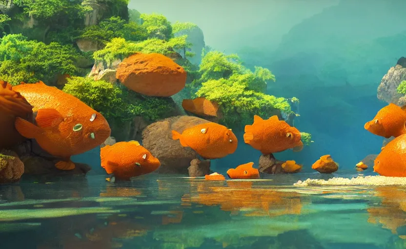 Image similar to a cave lake with some big orange fish inside, studio ghibli, pixar style, octane render, unreal engine 5, path traced, highly detailed, high quality, 8 k, soft lighting, godrays, complementary colors, natural lighting, water parallax, serene landscape, beautiful, elegant, digital painting