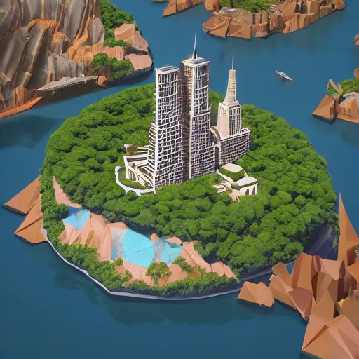 Image similar to low poly art of new york on a round floating island in the sky, surrounded by waterfalls, isometric art, 3d render, ray tracing, high detail, artstation, concept art, behance, smooth, sharp focus, ethereal lighting, unreal engine 5