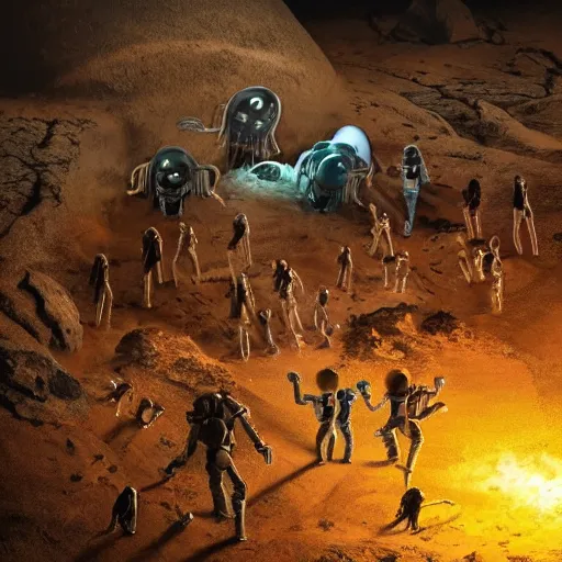 Prompt: a whole crew of aliens discovering an ancient human space ship buried in the alien ground, HD 8k photography