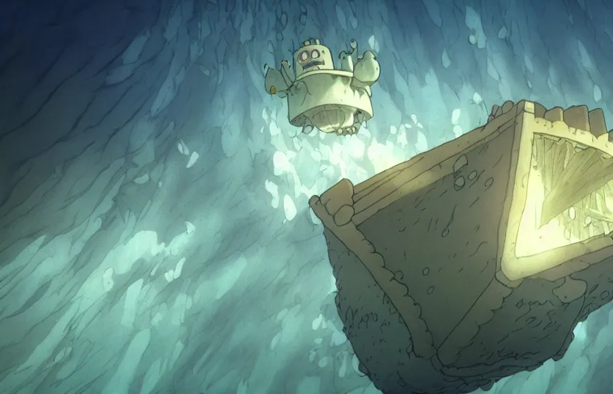 Prompt: a realistic cell - shaded cartoon from howl's moving castle ( 2 0 0 4 ) showing a white pristine pyramid underwater at the bottom of the sea. a submarine is in the ground and shafts of sunlight come from above. wide shot, very dull muted colors, hd, 4 k, hq