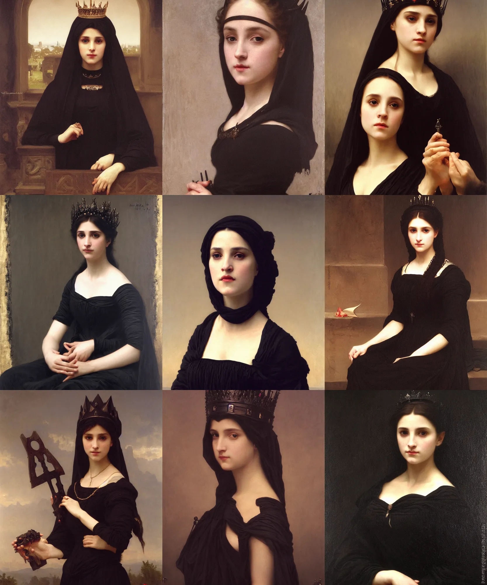 Prompt: The portrait of Lady in black wax crown by William-Adolphe Bouguereau, dark fantasy, witcher, very detailed oil painting, masterpiece, 8k