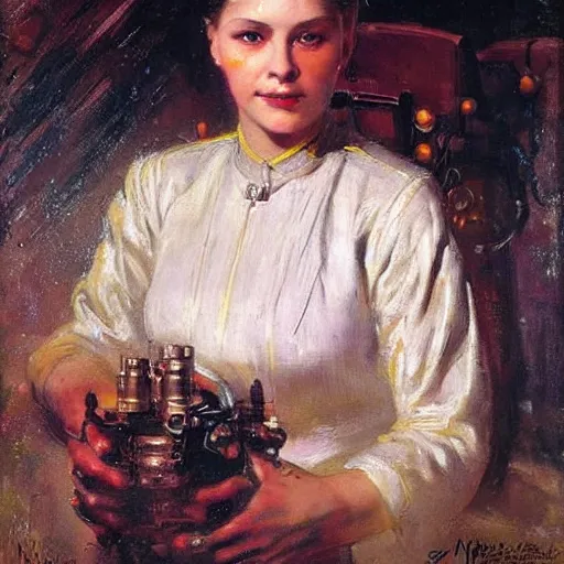 Prompt: portrait of a sci - fi woman, by nikolay makovsky.