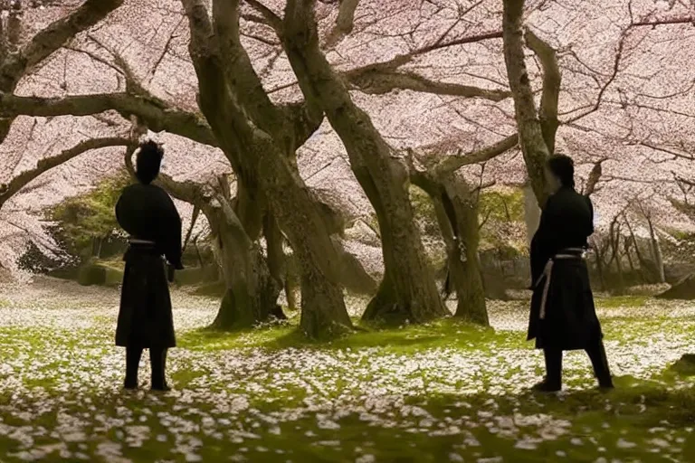 Image similar to vfx movie scene samurai couple stand off blades drawn in cherry blossom forest, natural lighting by emmanuel lubezki